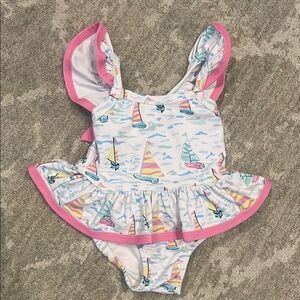 Baby Sailboat Print Swimsuit with Pink Trim & Bow